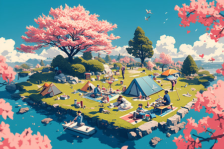樱花树下的露营帐篷背景图片