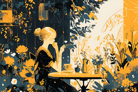 女孩在花园里品茶插画