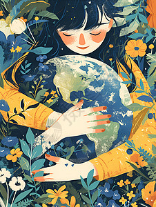 地球球花海里的女孩抱着地球插画