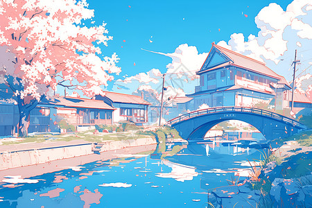 慢行步道河边的樱花步道插画