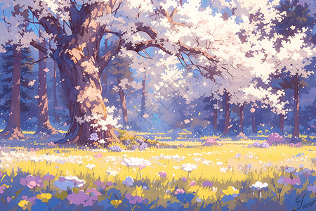 草地上的樱花树背景图片