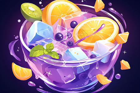 冰块里的水果玻璃杯里的水果冰块插画