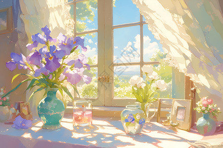 窗绽放魅力的花束背景图片