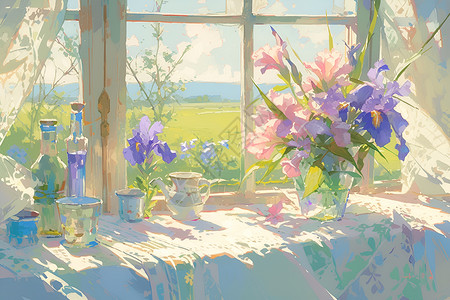 橱窗窗帘窗绽放魅力的花插画