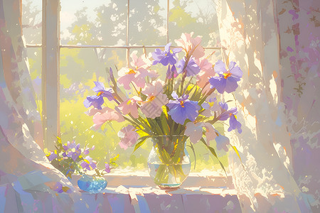 奢侈品橱窗窗前的紫粉鸢尾花插画