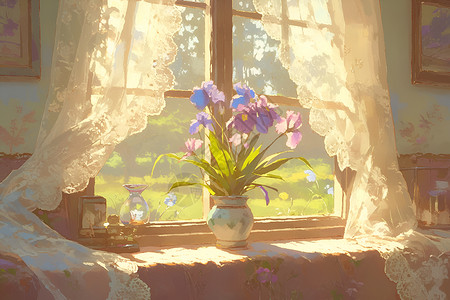 橱窗窗帘阳光下的花卉插画