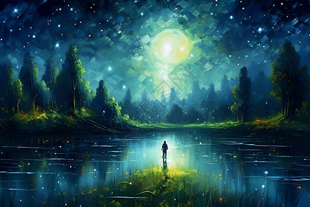 夜晚森林背景夜湖倒影的夜晚美景插画