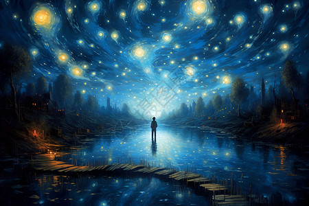 星光之夜夜空中星光璀璨的森林插画