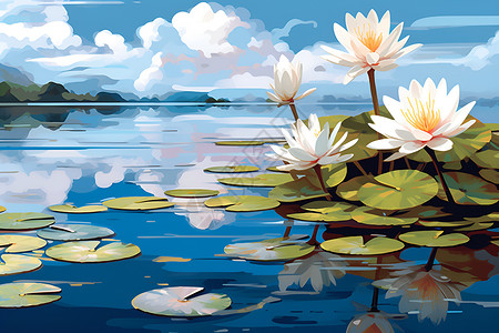 可见的湖面上绘有精致的莲花插画