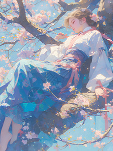 桃花枝上的静美女人背景图片