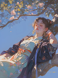 桃花枝上的静美女子背景图片