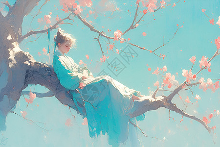 桃花与树枝树枝上的古装少女插画
