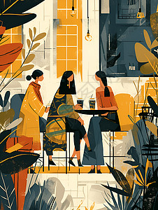 客人进门咖啡馆中的三位客人插画