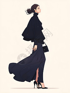 模特时尚的黑衣女孩插画