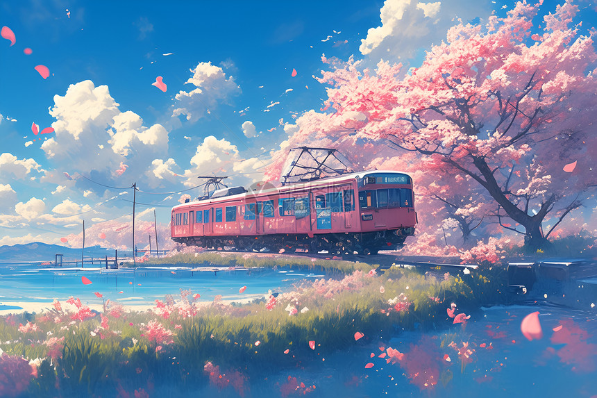 樱花随风粉色列车掠过图片