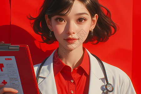 棉麻衬衣穿着红色衬衣的女医生插画