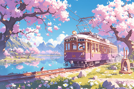 火车之旅梦幻樱花之旅插画