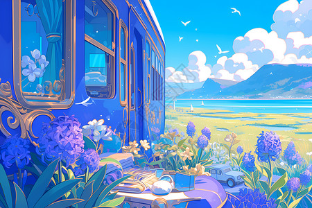 风景火车花卉和火车插画
