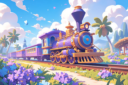 紫色列车穿梭于花海中背景图片