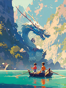 童趣龙舟漂流插画背景图片