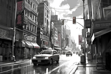 汽车建筑背景一条商业街道插画