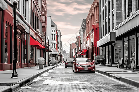 红瓦建筑红车停在街道上插画
