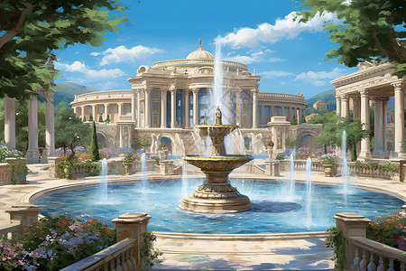 喷泉水柱清幽雅致的泉景插画