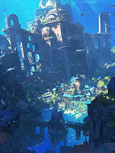 海底下古老的城市建筑背景图片