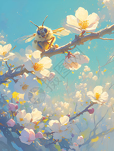 蜜蜂授粉蜜蜂在桃花间授粉插画