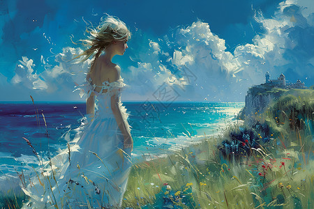 海边的白裙少女背景图片