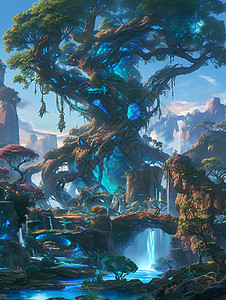 仙境大树下的瀑布背景图片