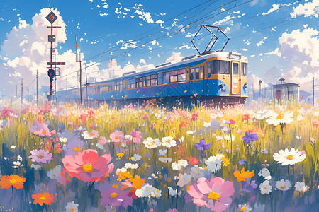 白色紫薇花海白色列车驶过盛开的花海插画