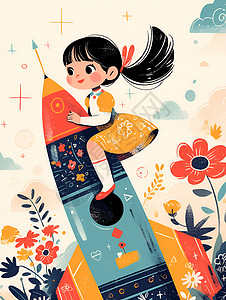卡通航空火箭上的快乐少女插画