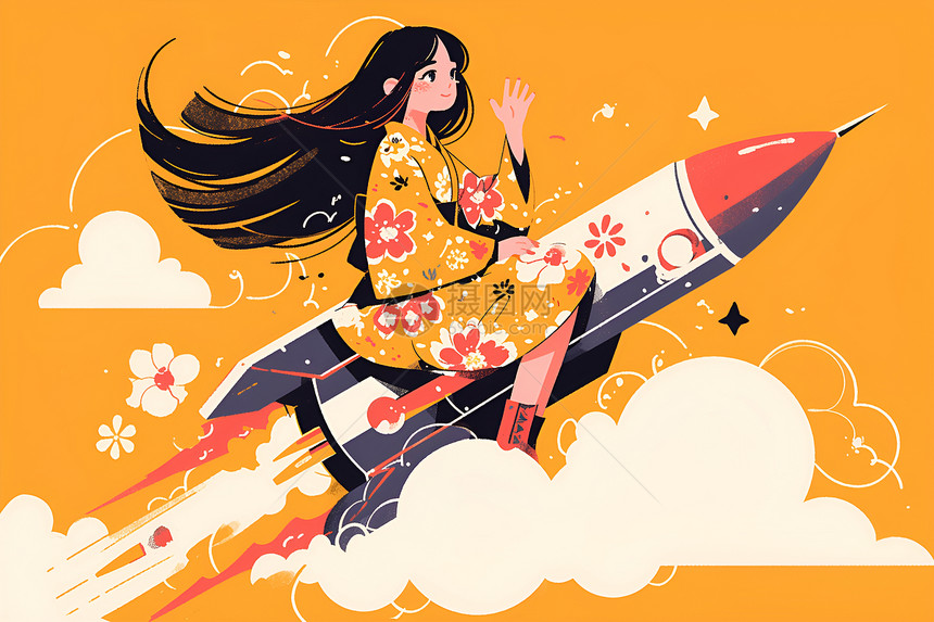 女孩乘坐火箭漫游太空图片