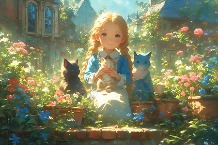 花园中的小女孩和猫高清图片