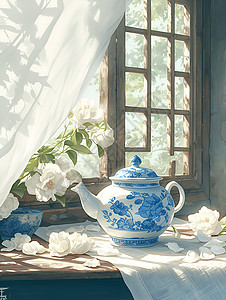 白瓷茶壶的自然之美插画