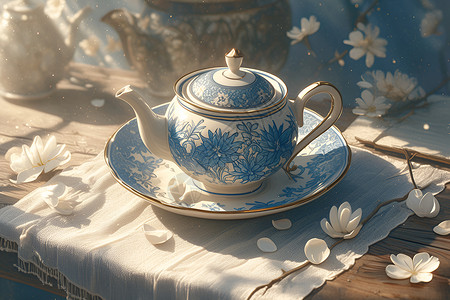 陶瓷白经典的蓝白茶壶插画
