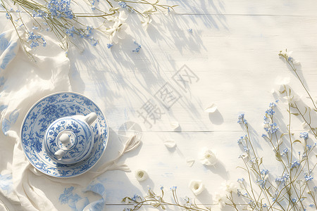 白花瓣簇拥下的蓝白瓷茶壶背景图片