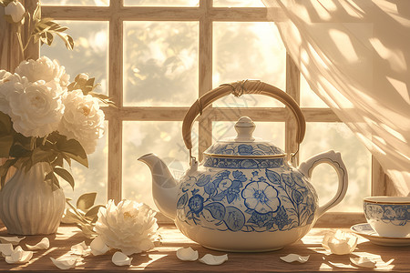 窗台光柔和光线下的蓝白瓷茶壶插画