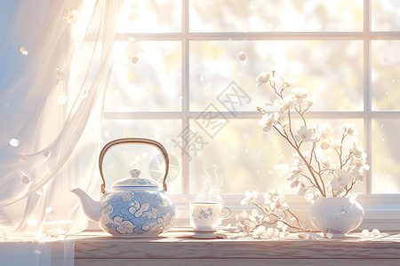 阳光照耀下的蓝白茶壶背景图片