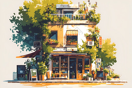 绿树环绕的小店背景图片