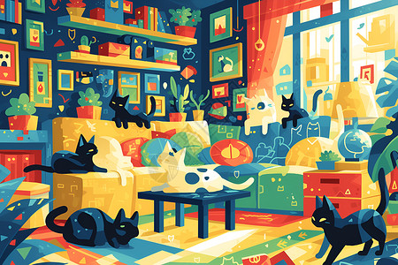 有超多猫咪的客厅背景图片