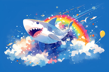 可爱梦幻彩虹梦幻的彩虹鲨鱼插画