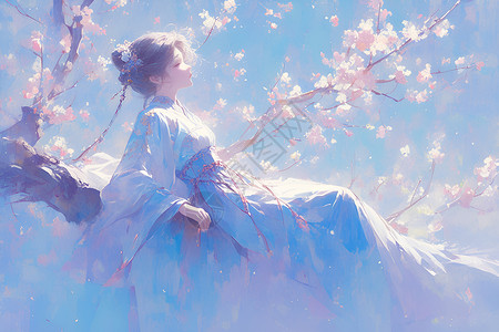 桃花树上的汉服女子背景图片