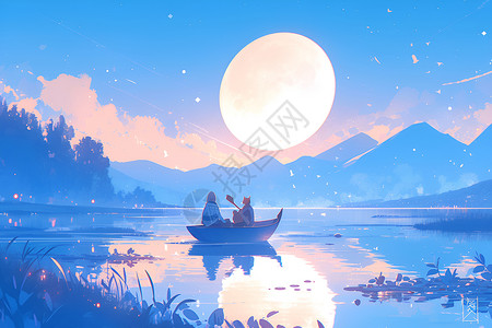 船人素材月光下划船的人插画