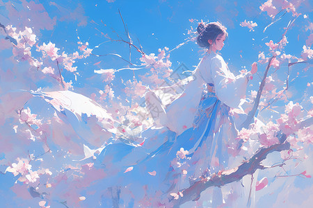 桃花树枝上的仙女背景图片