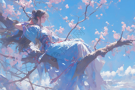 桃花树枝上坐着的少女背景图片