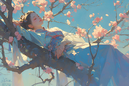 桃花树上的汉服女孩背景图片
