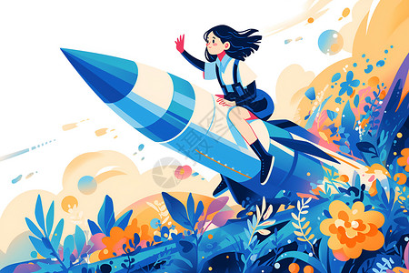 地景艺术女孩驾驶火箭高兴地挥手插画