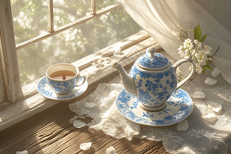 窗台上的茶壶背景图片